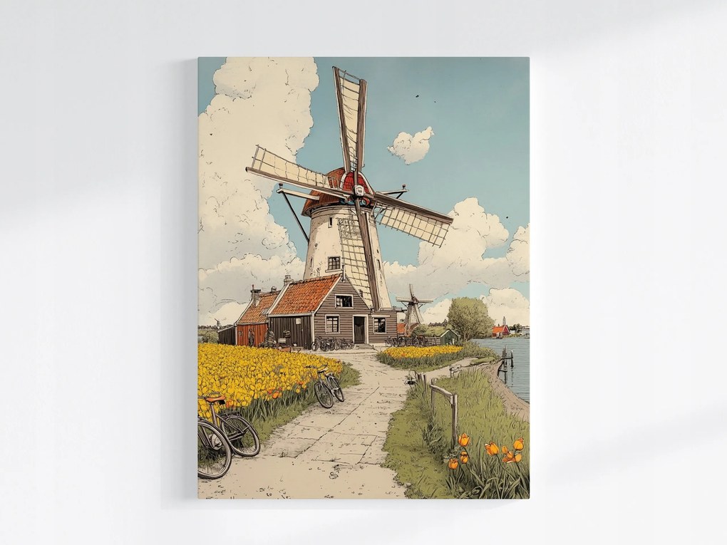 Poszter Tájkép Hollandia Falu Szélmalom Kerékpár Tulipán 75x100