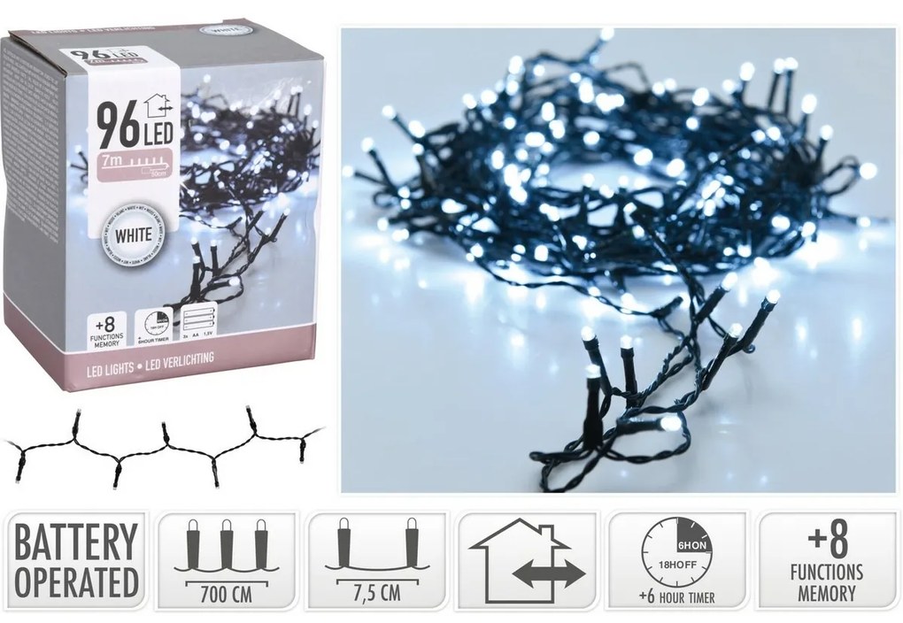 Karácsonyi fényfüzér, fehér, 96 LED-es