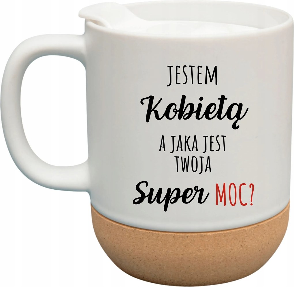 Fehér Bögre Fedéllel És Parafa Aljjal Ajándék Nő Vagyok Szupererő