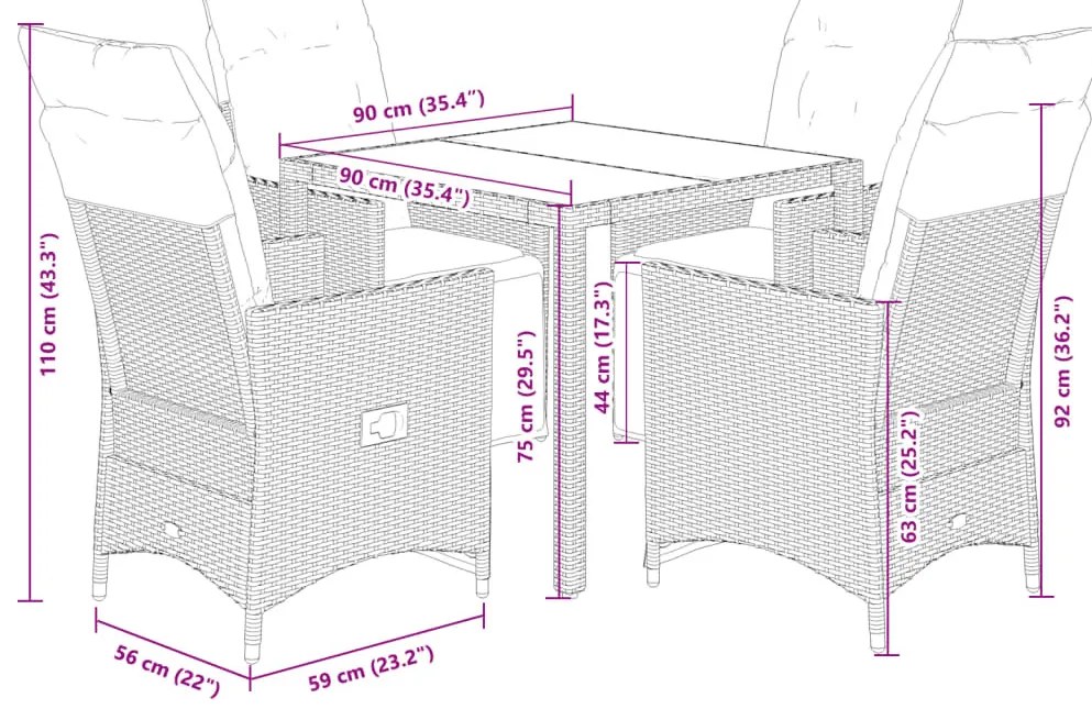 5 részes bézs polyrattan kerti bisztrógarnitúra párnákkal