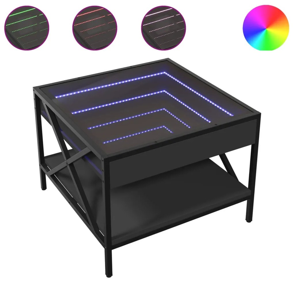 Fekete végtelen hatású LED-es dohányzóasztal 50 x 50 x 38 cm