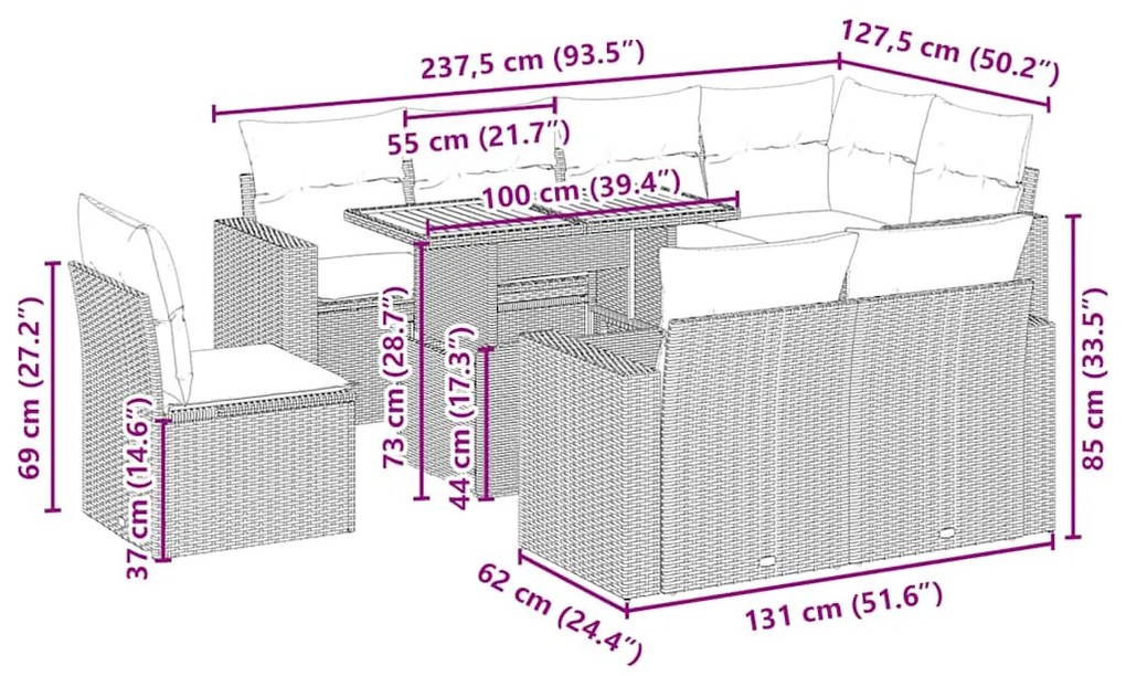 9-részes bézs polyrattan kerti ülőgarnitúra párnákkal