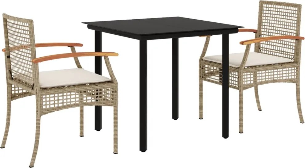 vidaXL 3 részes bézs polyrattan kerti étkezőgarnitúra párnákkal