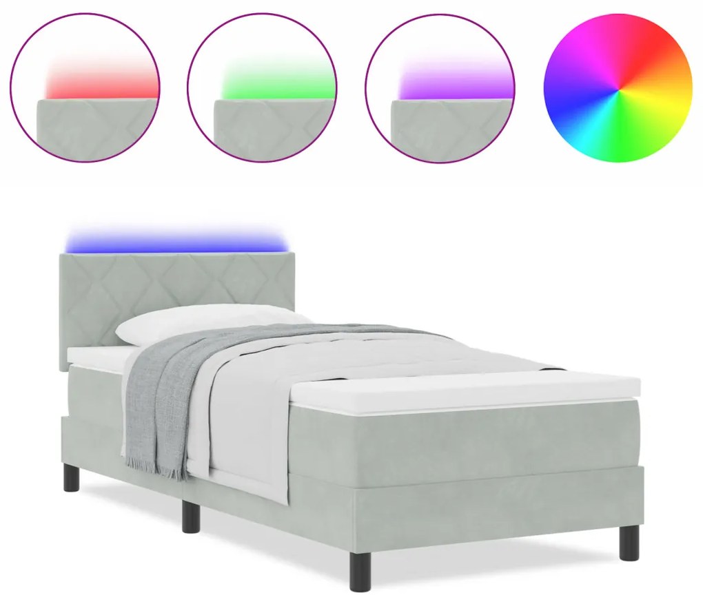 Boxspring Ágy Mattal és LED Fénnyel Világosszürke 90x190 cm Bársony