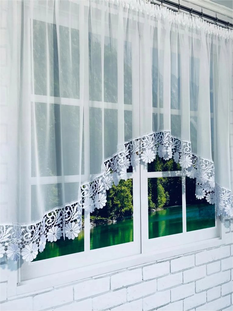 Kész függöny 300x120,fehér fátyol, ív, gipiura15cm, virág, nappali, konyha