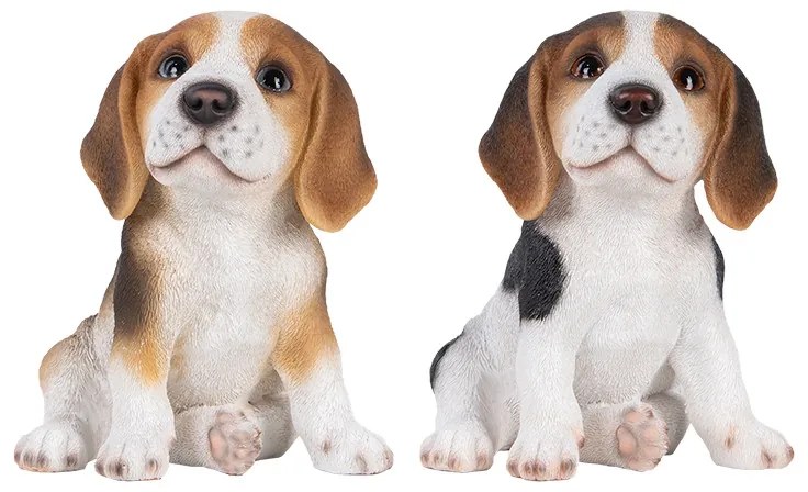 Beagle kiskutya polyresin szobor, fekete foltos, kültéri és beltéri dekorációs kiegészítő