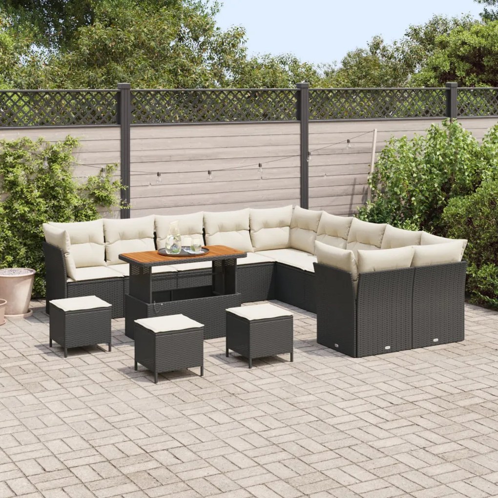 14 Darabos Kerti Sofa Szett Párnákkal Fekete Poli Rattan Akác, 4 Darabos Kerti Étkező Szett Párnákkal Fekete Poli Rattan Akác