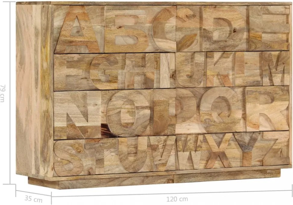 tömör mangófa ábécés szekrény 6 fiókkal 120 x 35 x 79 cm