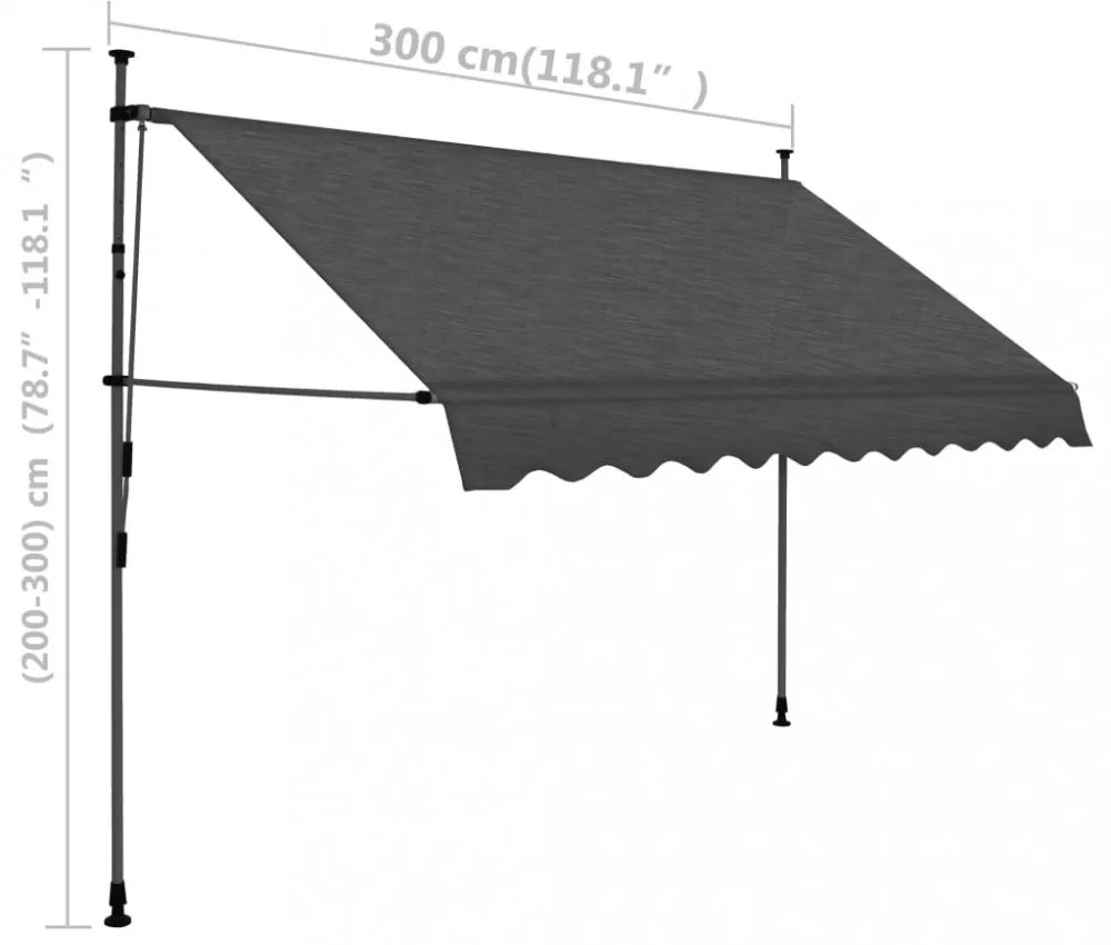 antracitszürke kézzel kihúzható LED-es napellenző 300 cm