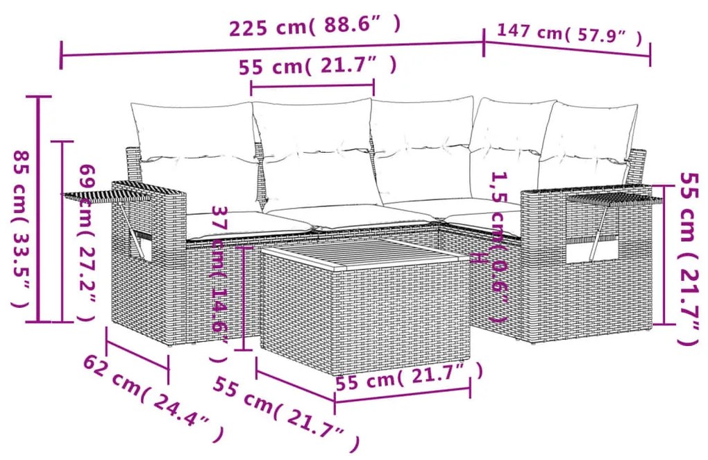 5 részes szürke polyrattan kerti ülőgarnitúra párnákkal