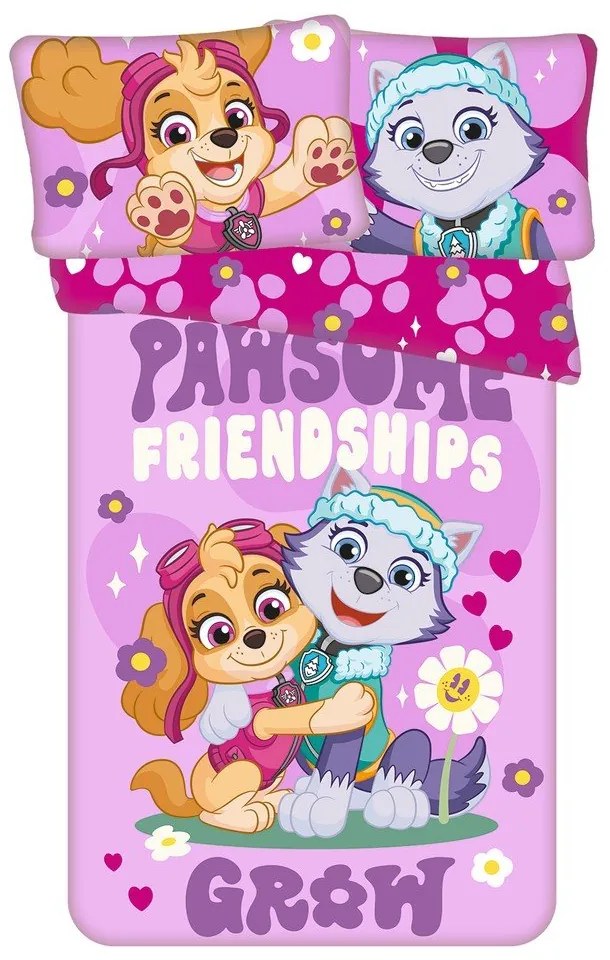 Rózsaszín pamut gyerek ágyneműhuzat babaágyhoz 100x135 cm Paw Patrol "Pawsome friendships grow" – Jerry Fabrics