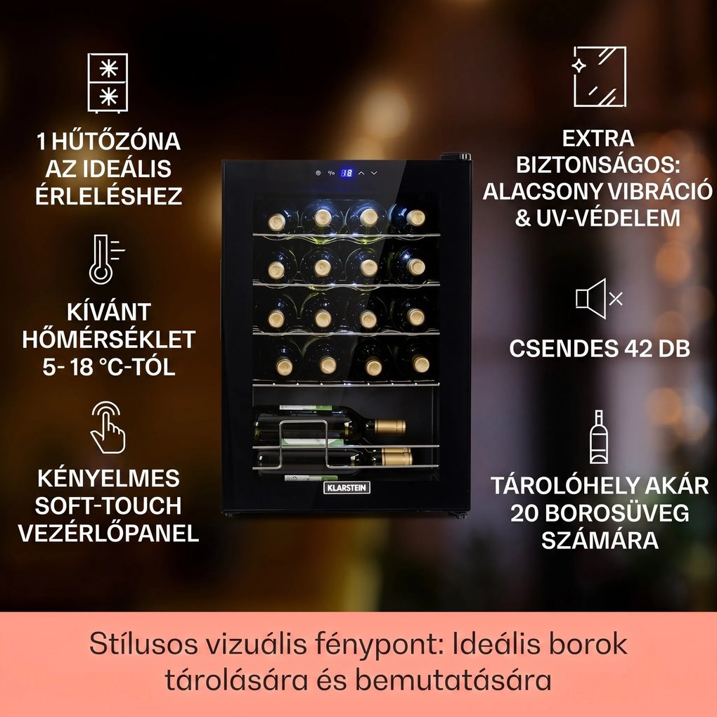 Klarstein Shiraz 20 Uno, borhűtő, 53 liter, 20 palack, 5-18°C, érintőképernyős vezérlőpanel