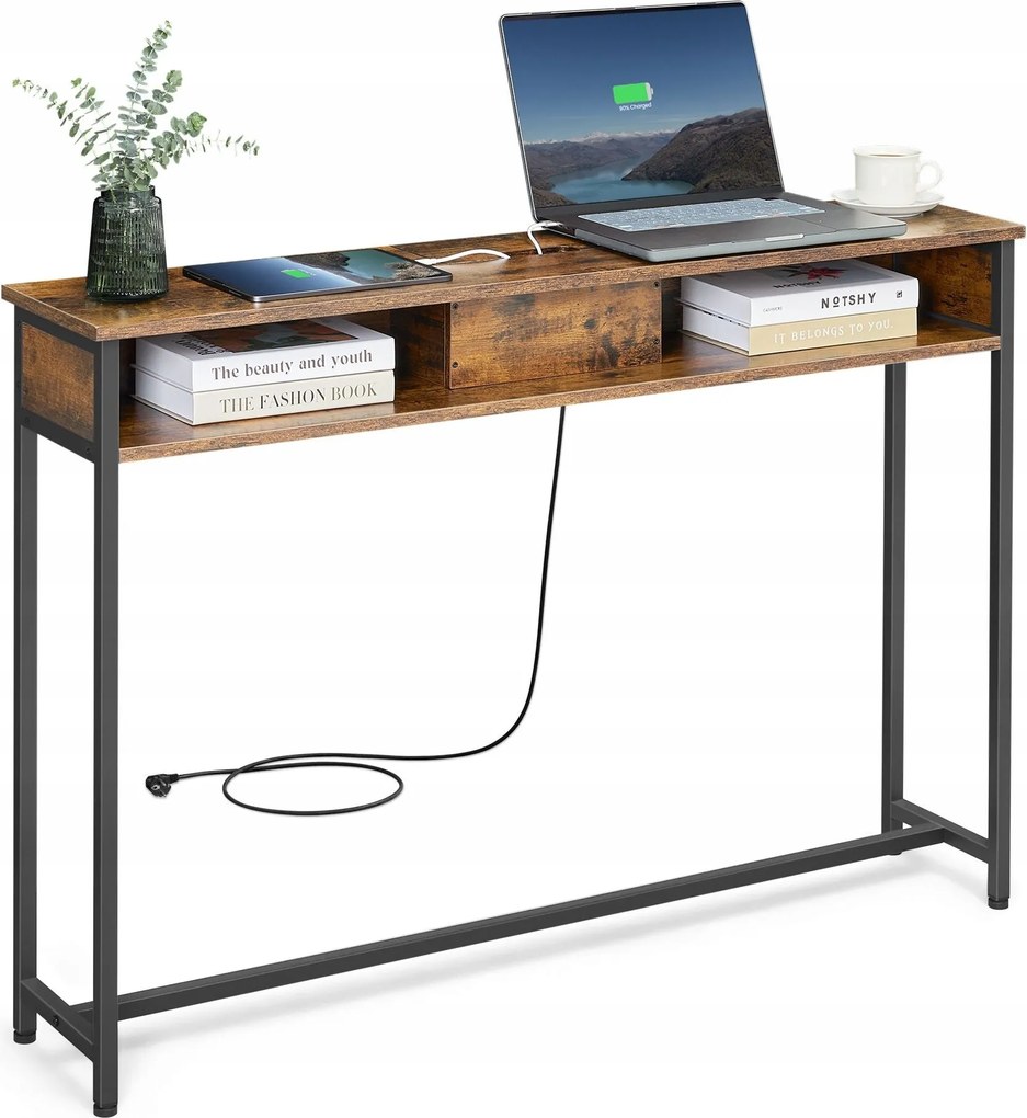 Keskeny konzol ipari asztal tápcsatlakozóval 2 nyitott polc