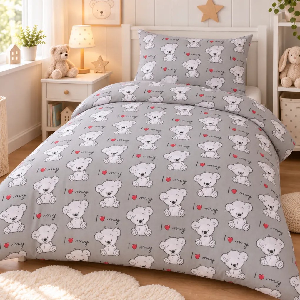 Fehér játék mackók gyerek pamut ágyneműhuzat TiaHome - 1x Párna 90x70cm, 1x Paplan 140x200cm