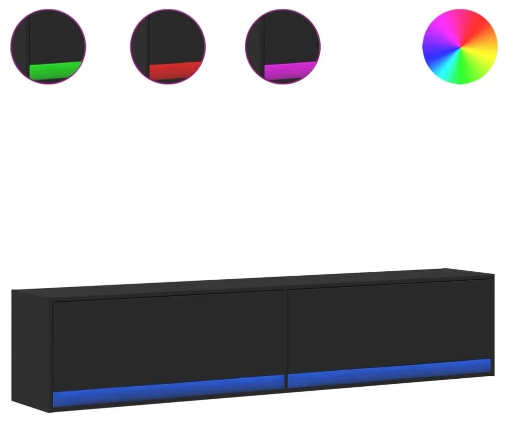 fekete falra szerelhető TV-szekrény LED-del 180 x 31 x 38 cm