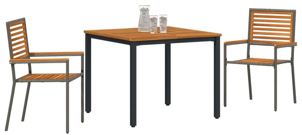 3 darabos Kerti Étkezősor Szürke Poli Rattan Akáccal, Összerakható Kerti Székek Párnákkal 2 db Szürke Poli Rattan, Kerti Asztal 90x90x75 cm Tömör Akácfa és Fém