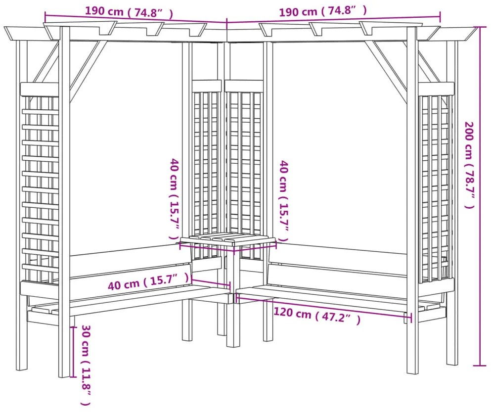 impregnált fenyőfa sarokpergola paddal