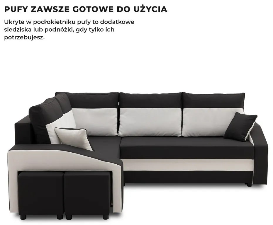 Grande sarokkanapé polcokkal és puffokkal , polc a jobb karfaban puffok a bal karfaban, baloldali, szövet anyag, hab töltet, fekete - fehér