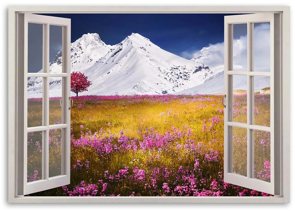 Gario Vászonkép Ablak - havas hegyek Méret: 100 x 70 cm