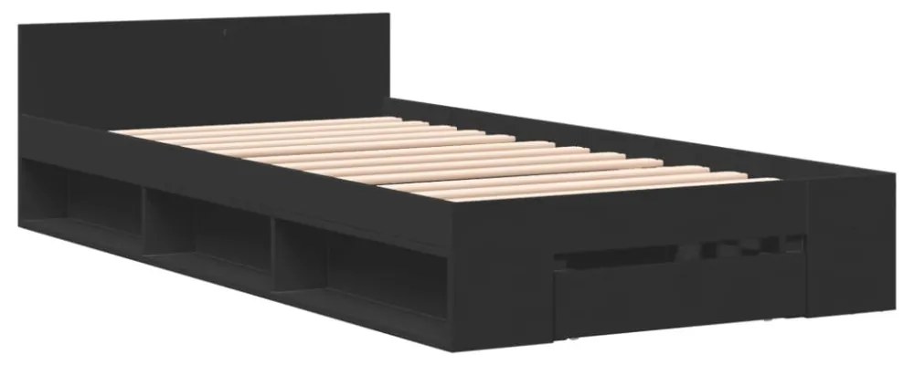 fekete szerelt fa ágykeret fiókkal 100 x 200 cm
