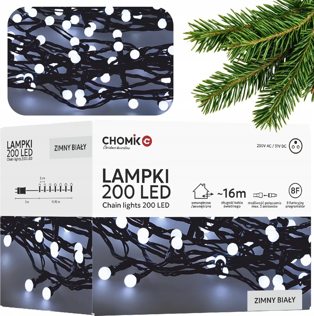 Led Lámpa Golyók 200L Hideg Fehér, 3 16 M Hosszú Kültéri Beltéri Karácsonyfára