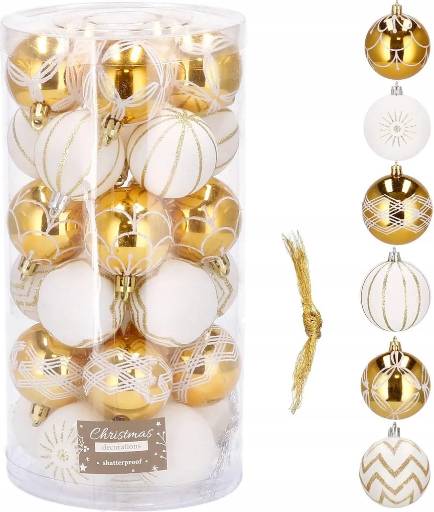 30db-os Karácsonyfadísz Szett 7cm Arany Fehér Díszített Karácsonyfadísz