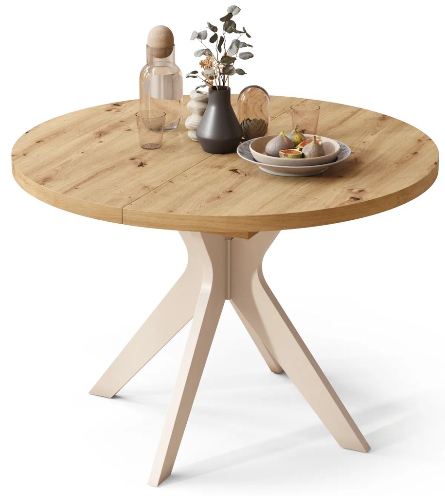 Mazzoni RENZO Artisan Tölgy/bézs láb (pezsgő) - KEREK ASZTAL Ø110 180 cm-re BŐVÍTHETŐ | A KONYHÁBA ÉTKEZŐBE NAPPALIBA RETRO