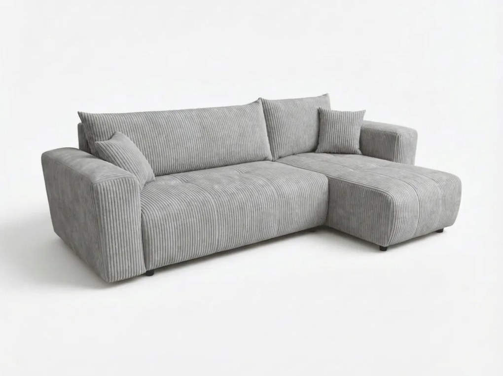 Világosszürke kihúzható sarokkanapé SORELA CORD, kétoldalas + 2 párna ingyenesen