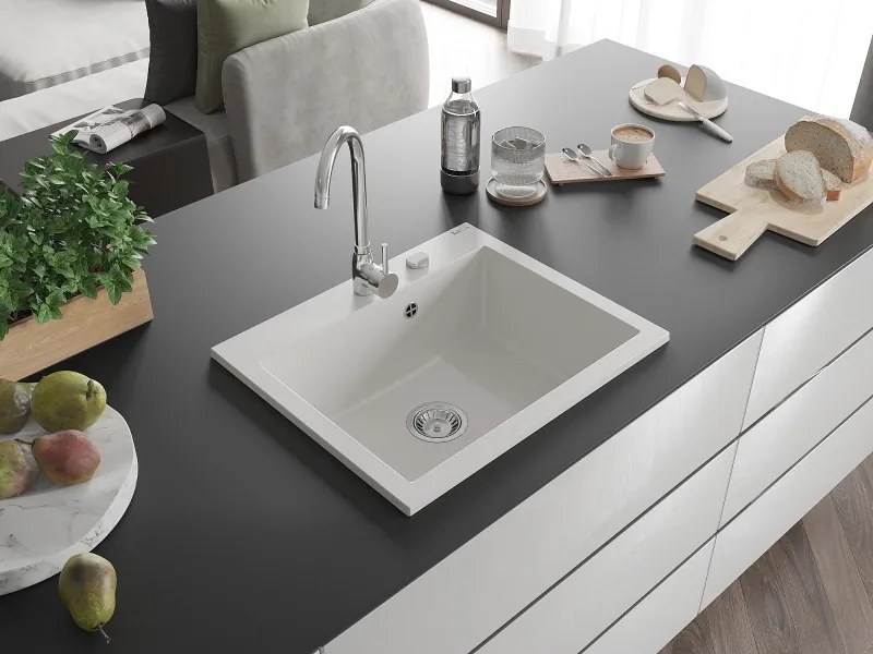 Mexen Elix 1-medencés gránit mosogató 600 x 500 mm, fehér, króm szifon - 6525601005-20