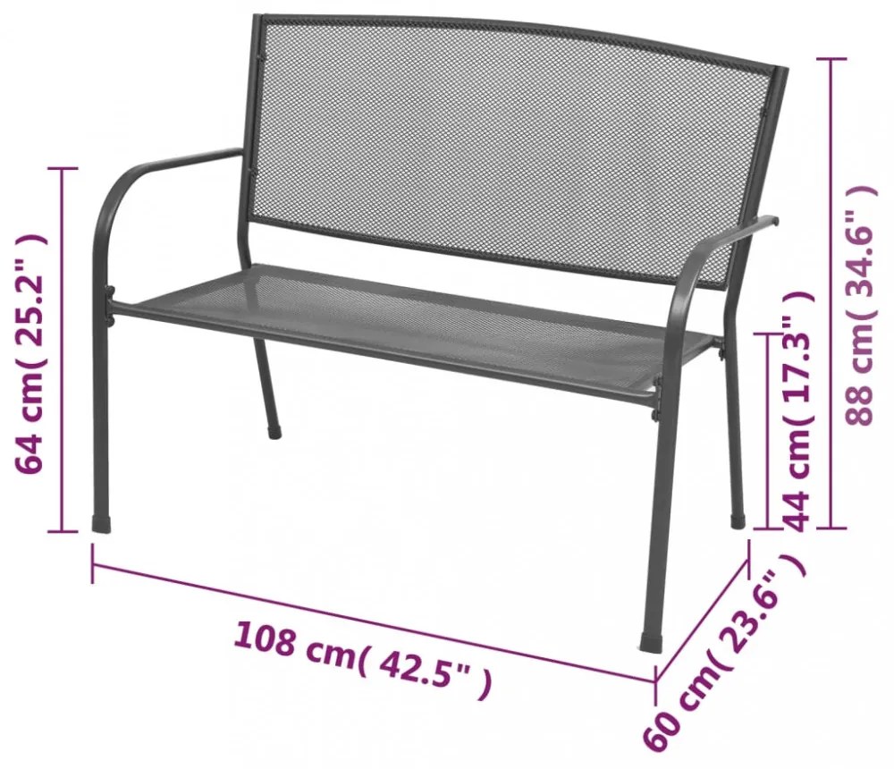 antracitszürke rácsos acél kerti pad 108 cm