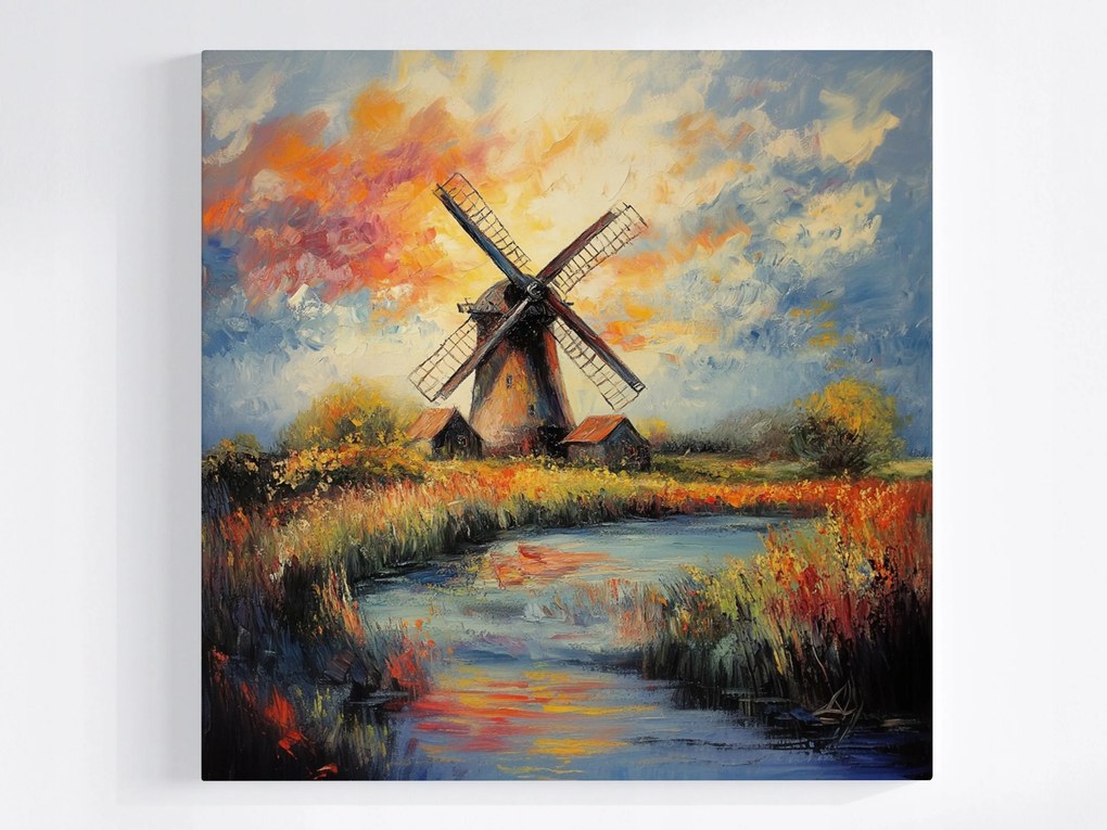 Vászonkép Canvas Tájkép Hollandia Szélmalom Naplemente Tó 80x80