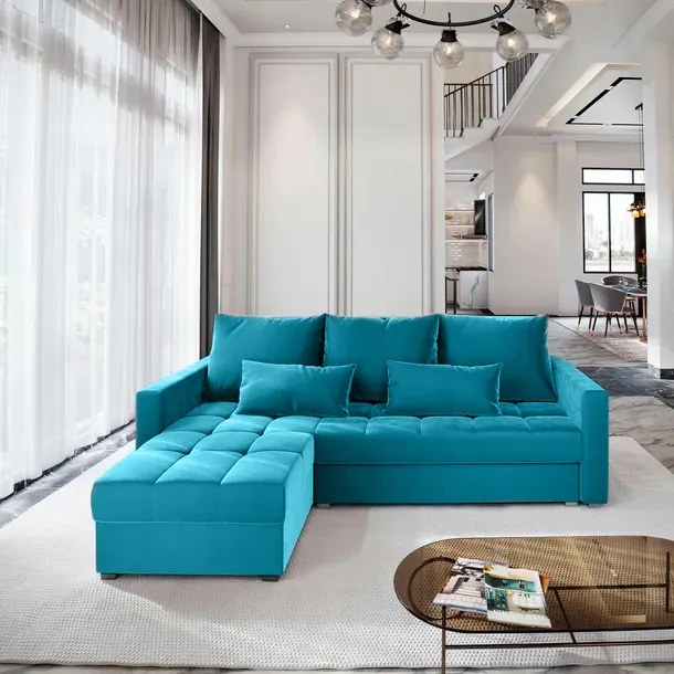 AKCIÓ Kék kihúzható sarokkanapé ZENOVA 220x140 cm, kétoldalas II. osztály