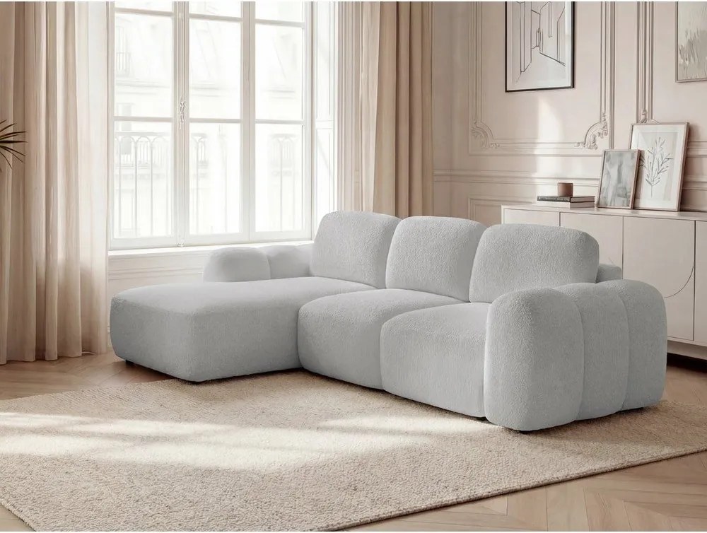 Világosszürke buklé kinyitható-tárolóhelyes sarokkanapé (bal oldali-heverő résszel) Montaigne – Bobochic Paris
