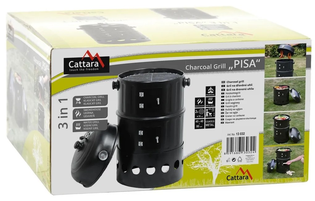 Cattara Gril - faszénes füstölő Pisa  3 az 1-ben, 40 x 80 x 40 cm