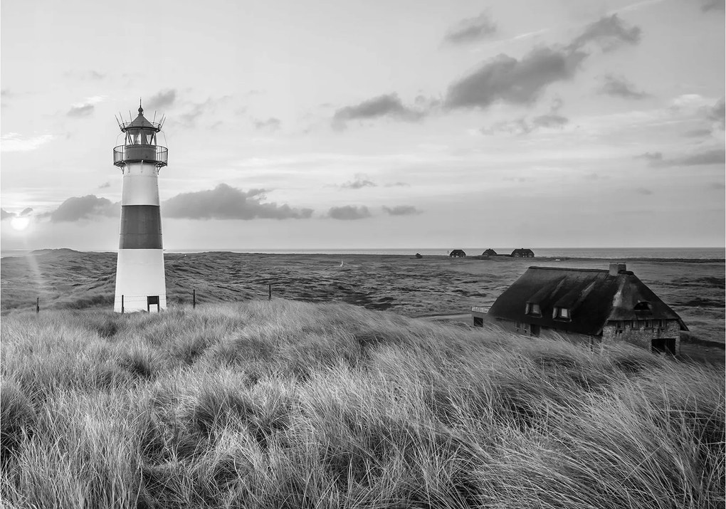 Fotótapéta flizelina Fekete-fehér világítótorony dűnék tenger 416x254 +ragasztó