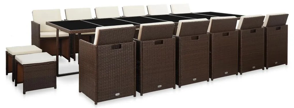 vidaXL 17 részes barna polyrattan kültéri étkezőszett párnákkal