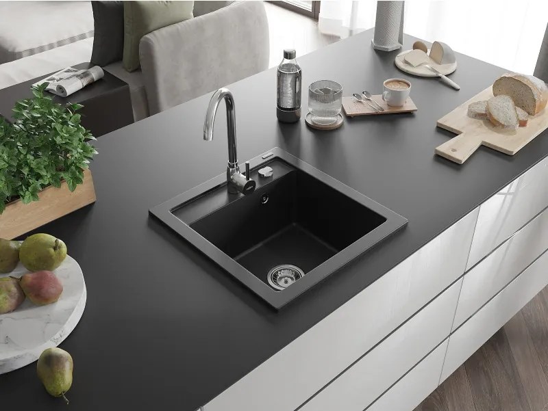 Mexen Vito gránit mosogató 1-medencés 520 x 490 mm, fekete, króm szifon - 6503521000-77