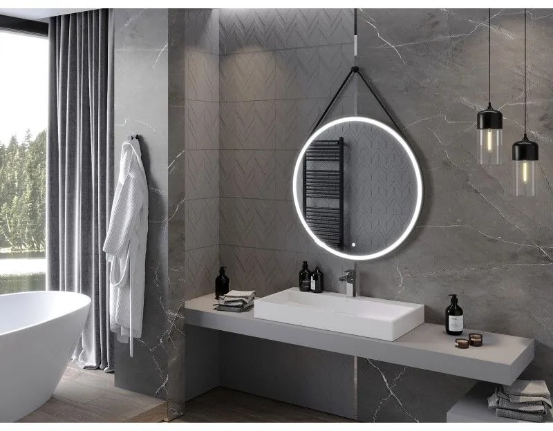 Mexen Reni, LED fürdoszobai tükör háttérvilágítással 90x90 cm, 6000K, fekete keret, páramentes, 9812-090-090-611-70