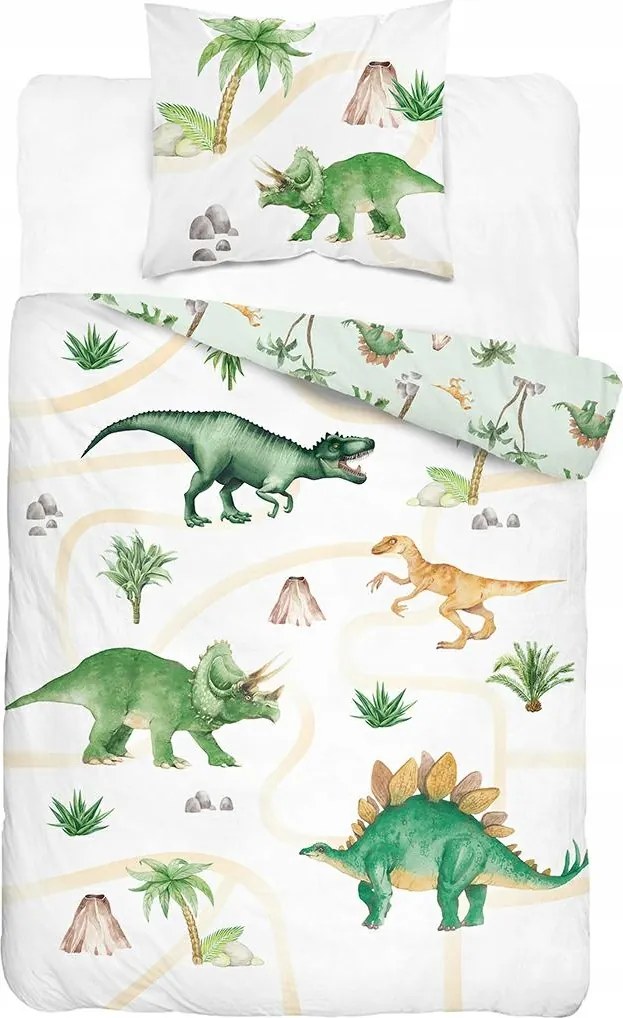 Ifjúsági pamut ágyneműhuzat 140x200 fehér, T-Rex dinoszauruszokkal