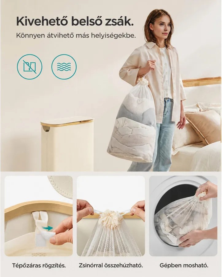 Fedeles mosókosár, 65L, levehető hálós bélés, összecsukható, krémszínű