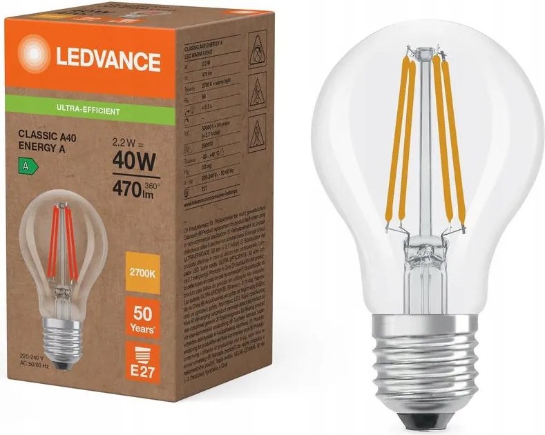 Led izzó E27 A60 2.2W 40W 470lm 2700K Meleg 300° Ledvance
