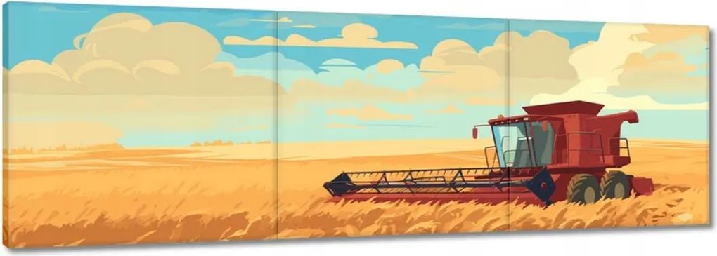 Vászonkép 120x40 Piros kombájn az aratás mezőjén