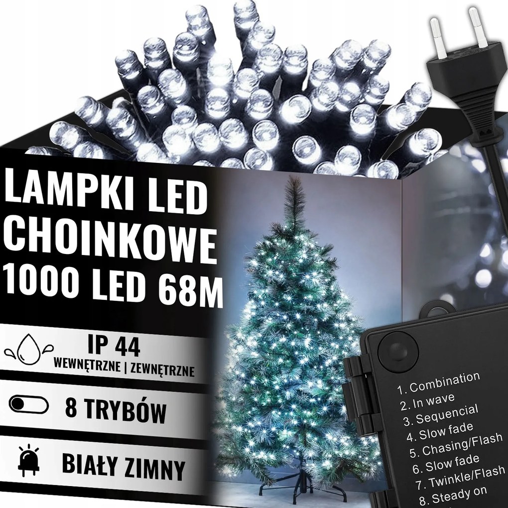 Karácsonyfa Fényfüzér 1000LED Kültéri Beltéri Fehér Hideg Karácsonyi 68M