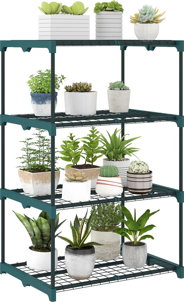 Outsunny 4 szintes acél növénytartó — beltéri/kültéri virágszállvány kertbe, erkélyre és nappaliba, 67 x 49 x 105 cm, zöld | Aosom