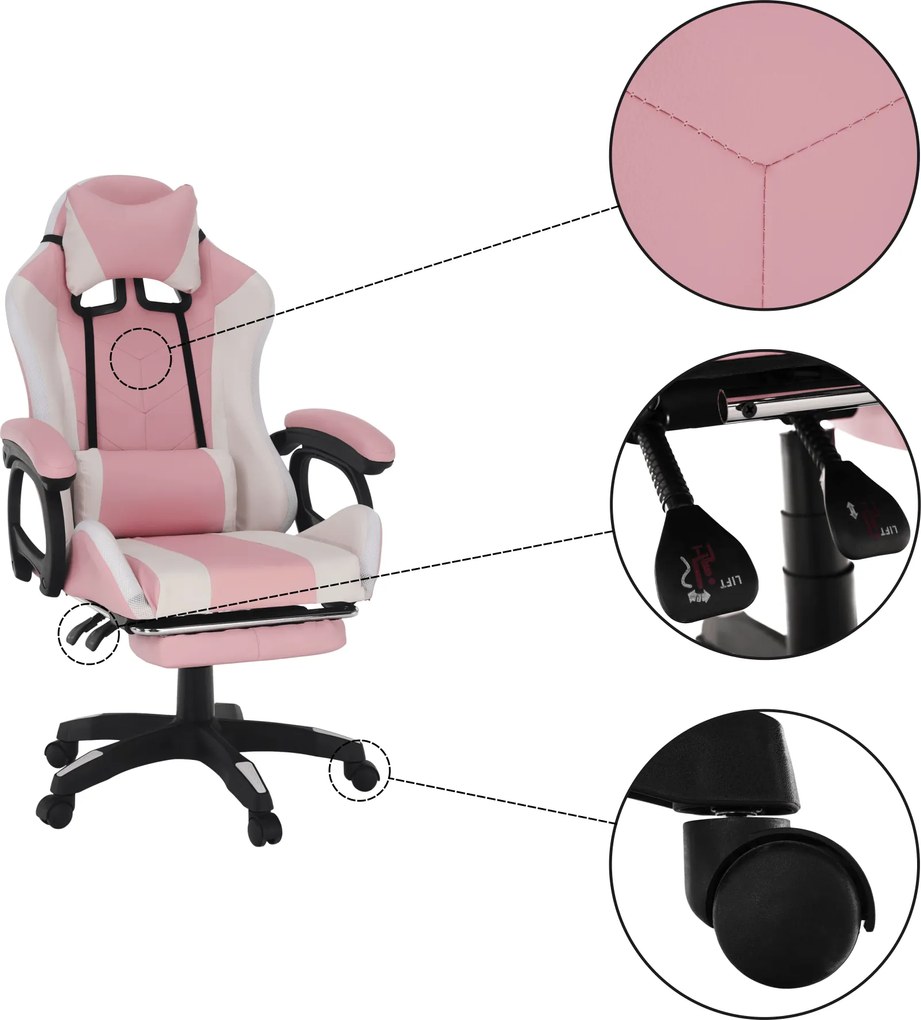 Irodai/gamer szék RGB LED világítással, rózsaszín/fehér, JOVELA
