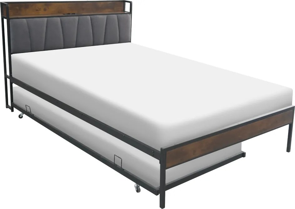 Ágy ágyráccsal és kihúzható pótággyal, 140x200, fekete/szürke, NORDO