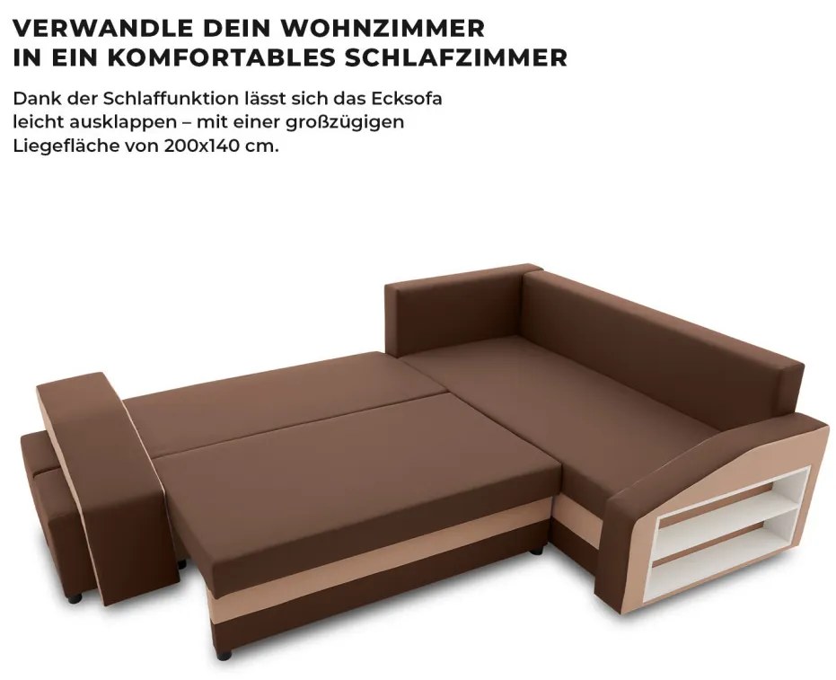 Grande sarokkanapé polcokkal és puffokkal , polc a jobb karfaban puffok a bal karfaban, jobboldali, szövet anyag, hab töltet, barna