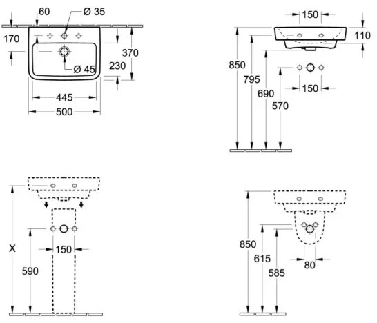 Villeroy & Boch 43445001 - Falra szerelhető mosdó O.NOVO 50x37 cm kerámia/fehér