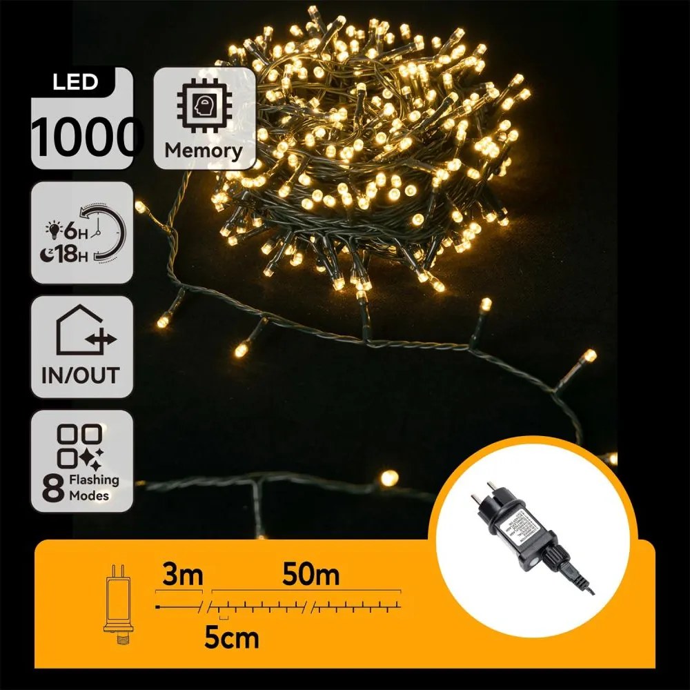 Aigostar - LED Kültéri karácsonyi fényfüzér 1000xLED/8 funkciós 53m IP44 meleg fehér
