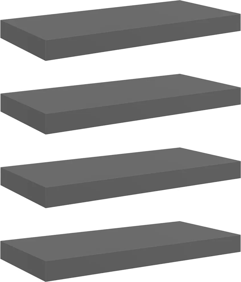 vidaXL 4 db magasfényű szürke MDF lebegő fali polc 50 x 23 x 3,8 cm